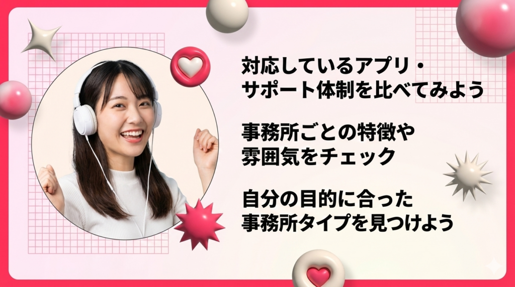 ライブ配信事務所選びの3つのポイント（対応アプリ・サポート体制、事務所の特徴・雰囲気、自分に合った事務所タイプ）を説明するバナー画像