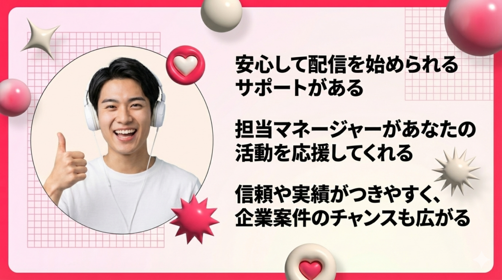 ライブ配信事務所に所属するメリット（配信サポート、担当マネージャー、企業案件のチャンス）を解説するバナー画像